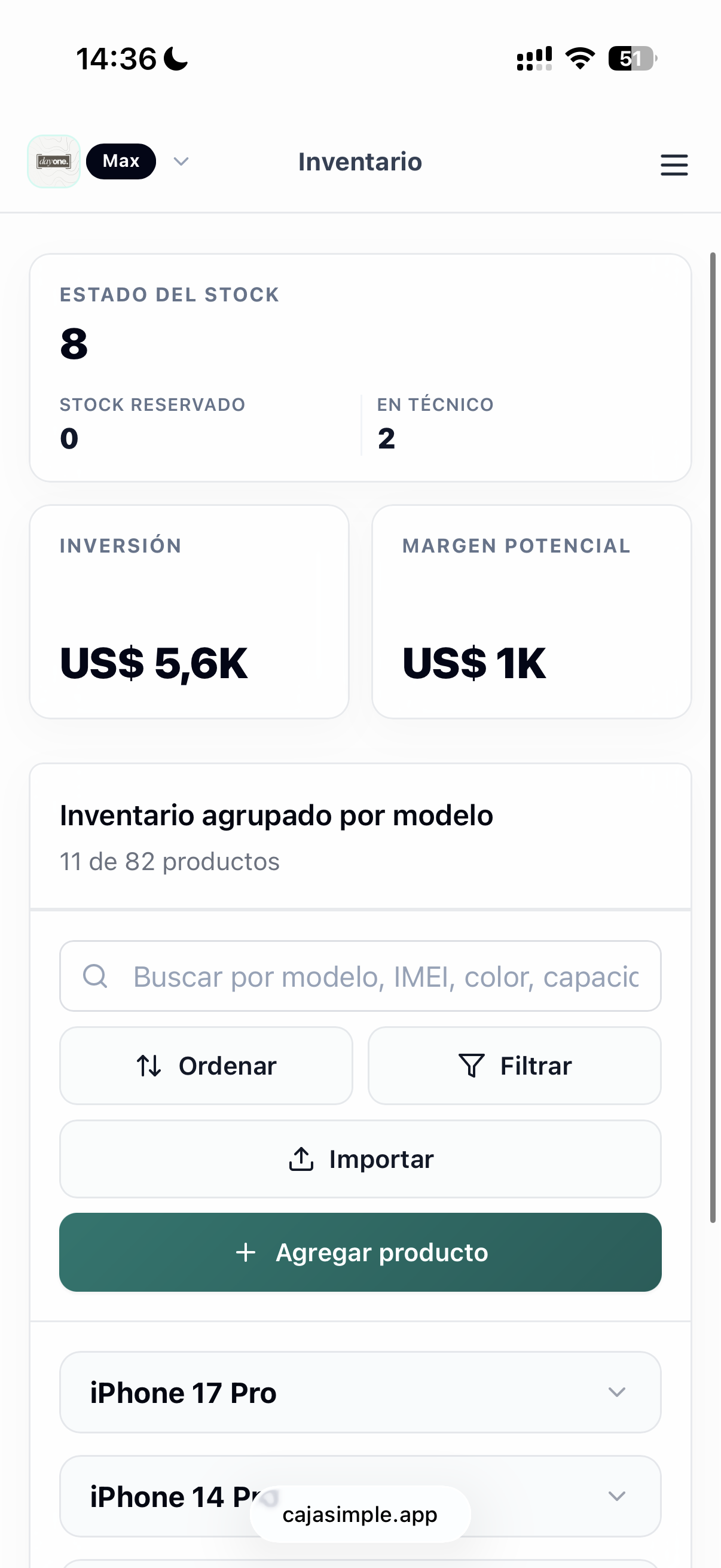 Inventario móvil real de Caja Simple con stock, inversión y margen potencial